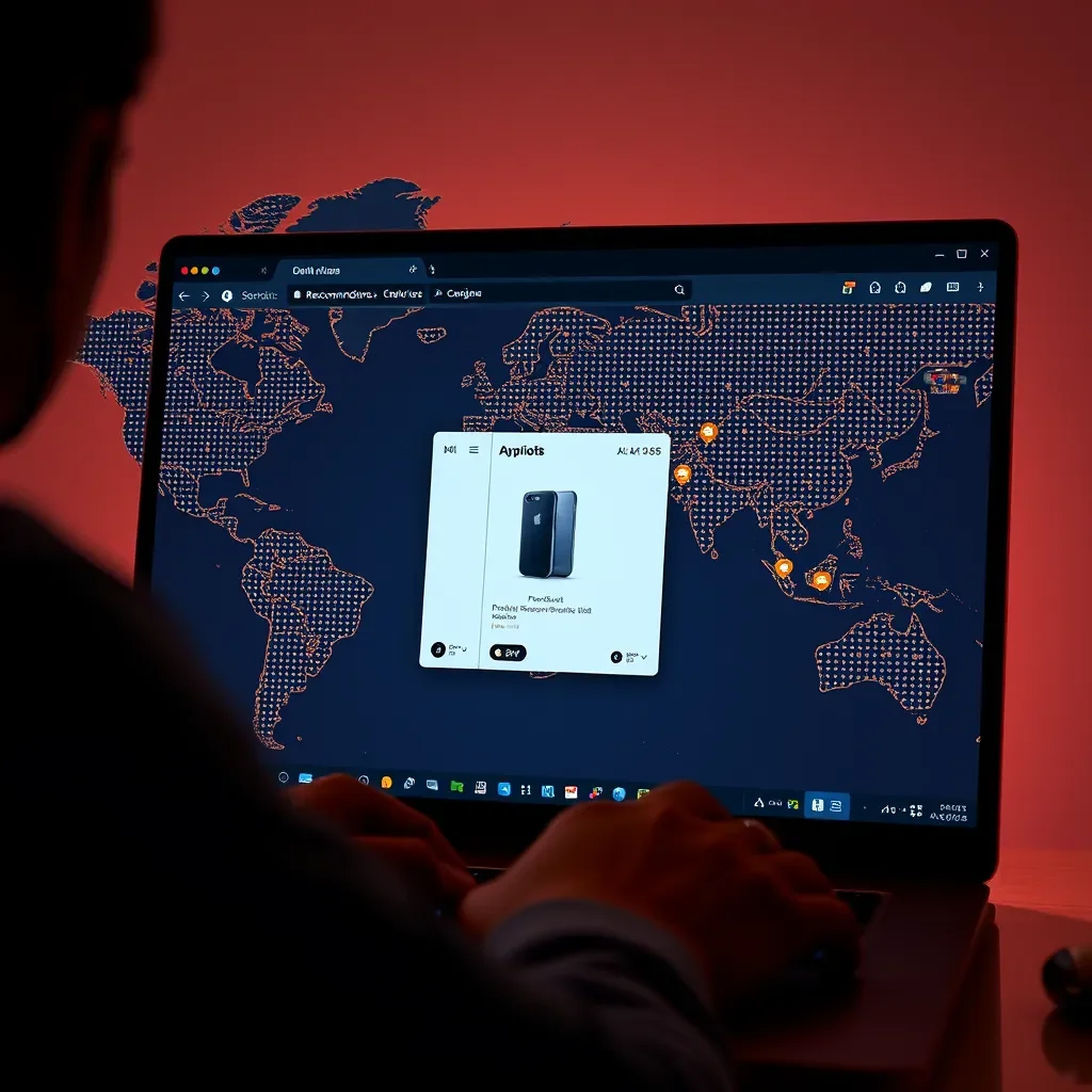 A user browsing a website with a map of the world in the background, highlighting their location. The website is displaying product recommendations tailored to their region, with a pop-up window showing a product image and description.